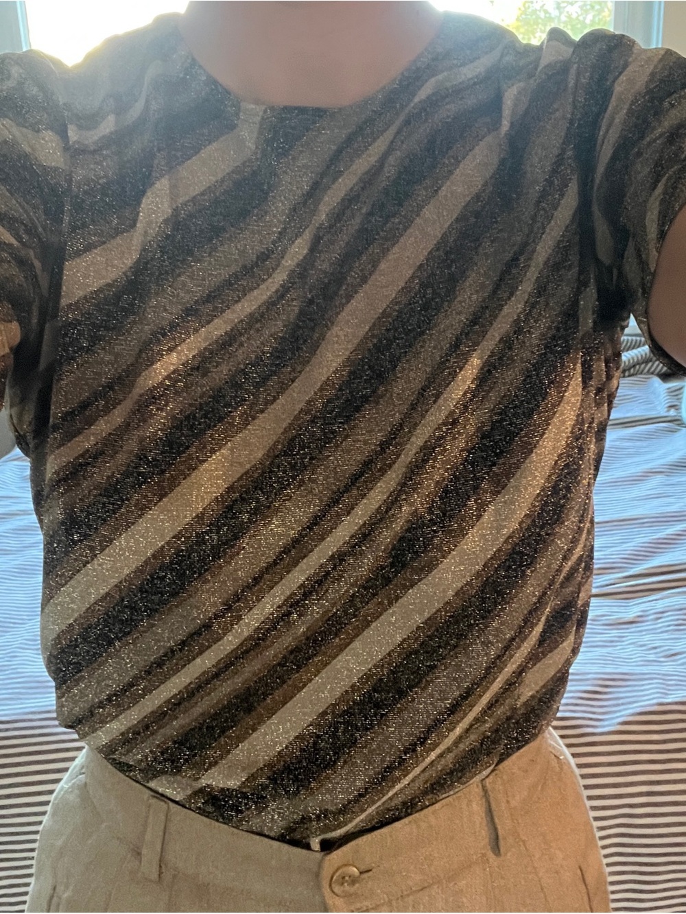 Black & Gold Shimmer Diagonal Stripe Short Sleeve Top